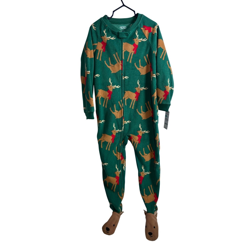 Carter's Child of Mine Footed Pajamas 5T Green Reindeer Fleece Sleeper Kids
